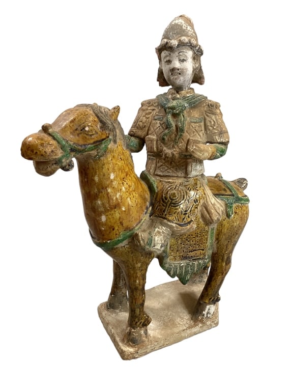 Tang, Sancai Glazed Horse and Rider: 9 x 13 inches, a robed rider with horse, his head removes, partial glaze with some damage to his fingers Line Item # 56