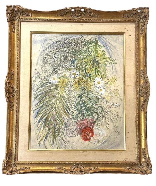 Floral Still Life, Lily Cushing: American, 1909-1969..wax pastel, watercolor and gouache on paper, signed u.l. Lily Cushing 56, sight 28.5 x 22.5 in..toning and foxing, pin holes to corners, linen liner with staining, not examined ou