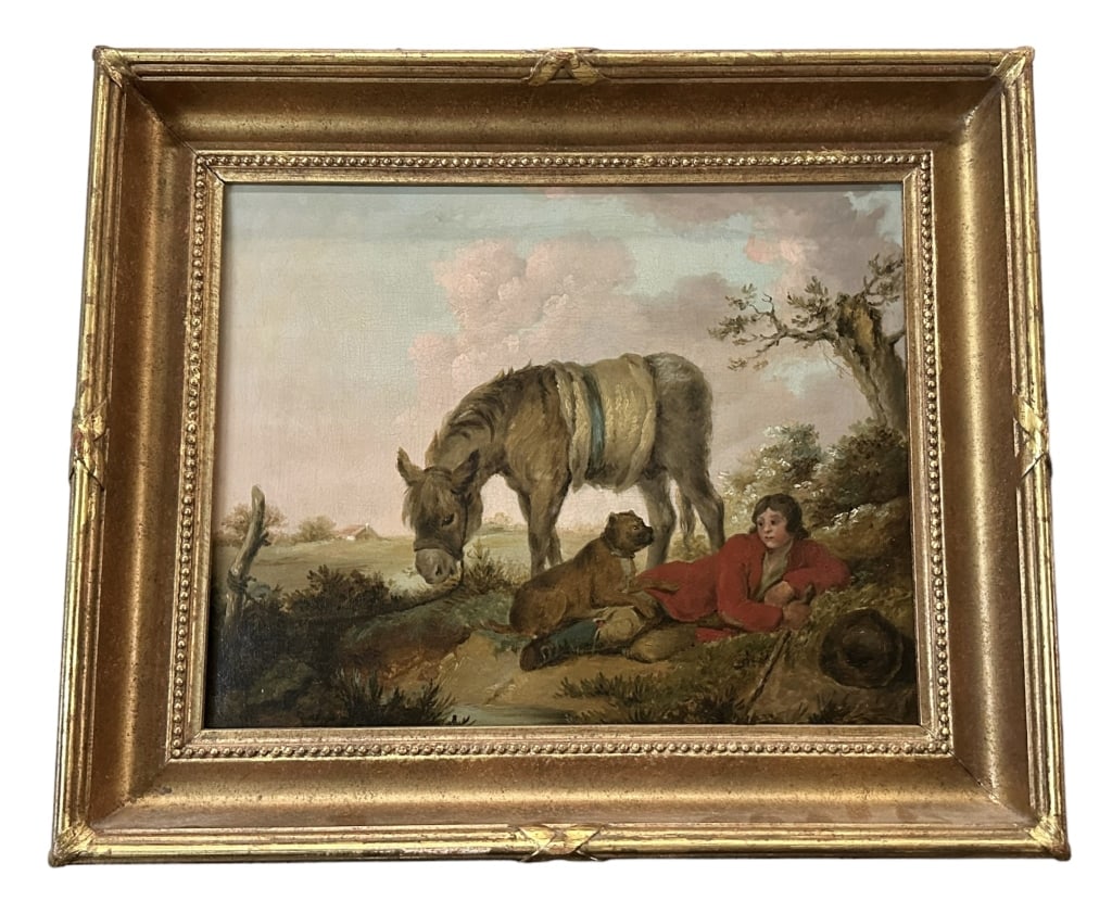 Boy with Dog and Donkey, Oil on Canvas: 19th century, signed G. M. Lower left, after George Morland (British, 1763-1804), sight 11 x 14 in..cut down and relined, craquelure, small areas of repaint, cleaned..molded gilt frame , partial label