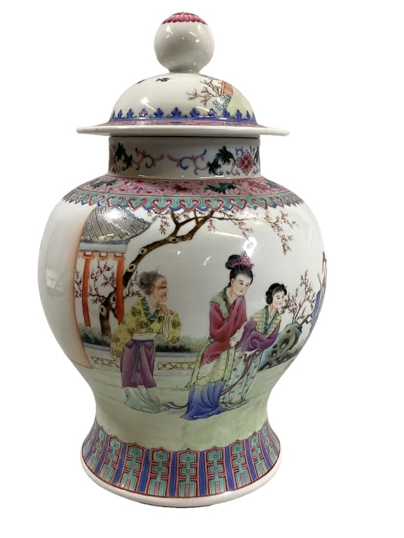 Famille Porcelain Poem Jar: 13 inch tall Ginger Jar form, hand painted porcelain with scenes in a garden setting, rich floral banded lid, petal flower finial, geometric design to base. poetry or motto lines to reverse, with sign