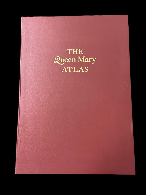 Facsimile Edition of The Queen Mary Atlas: Limited edition, #683/1000, red calf leather, gilt, in original clamshell case, published 2005 for The Folio Society..binding in good condition, missing commentary volume, scratches/wear to case, smud