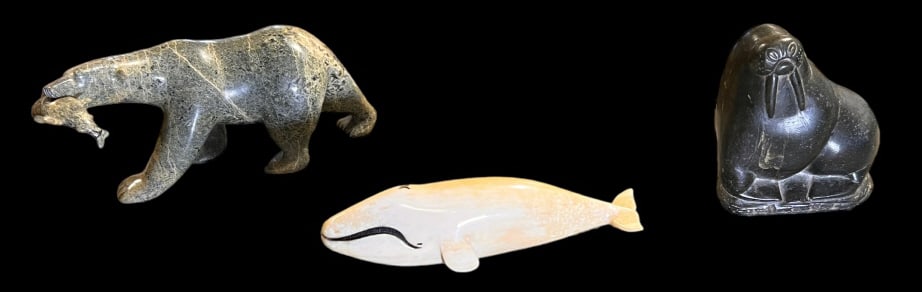 3 Vintage Inuit Carvings: Bear with fish 3.5 tall x 9.5 long 4 deep jar has been repaired Walrus 5 tall x 5 wide x 3 deep Whale 8.5 long x 2.5 tall x 2 wide