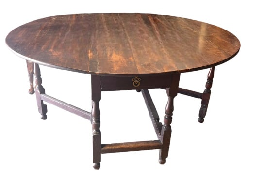 Jacobean Oak Drop Gate Leg: Mid 19th C, British, sing hand dovetailed drawer, some surface wear, 29 tall x 52 deep x 20 wide, 60 open