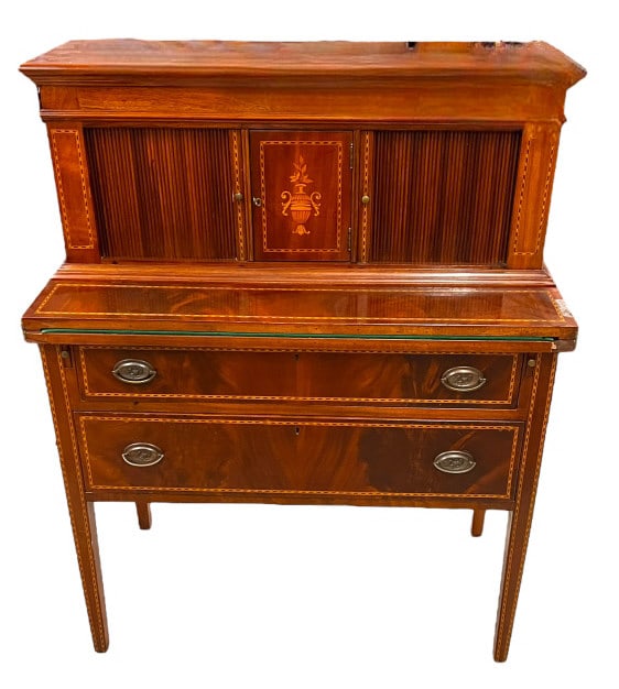 Vintage Inlaid Tambour Desk: Mid 20th C, Figured Mahogany, satin wood inlay, felt needs replaced, 45.5 tall, 31 to writing surface x 37 wide x 18 deep, 11.5 top