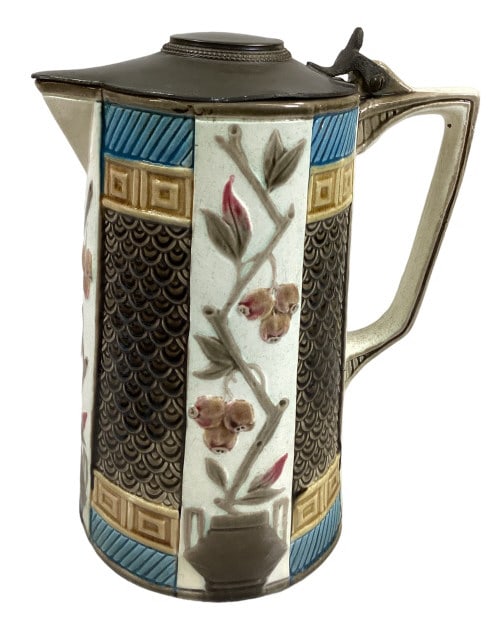 Wedgwood Majolica Tankard: Prunus and Fan pattern, 8 inches tall, pewter cap