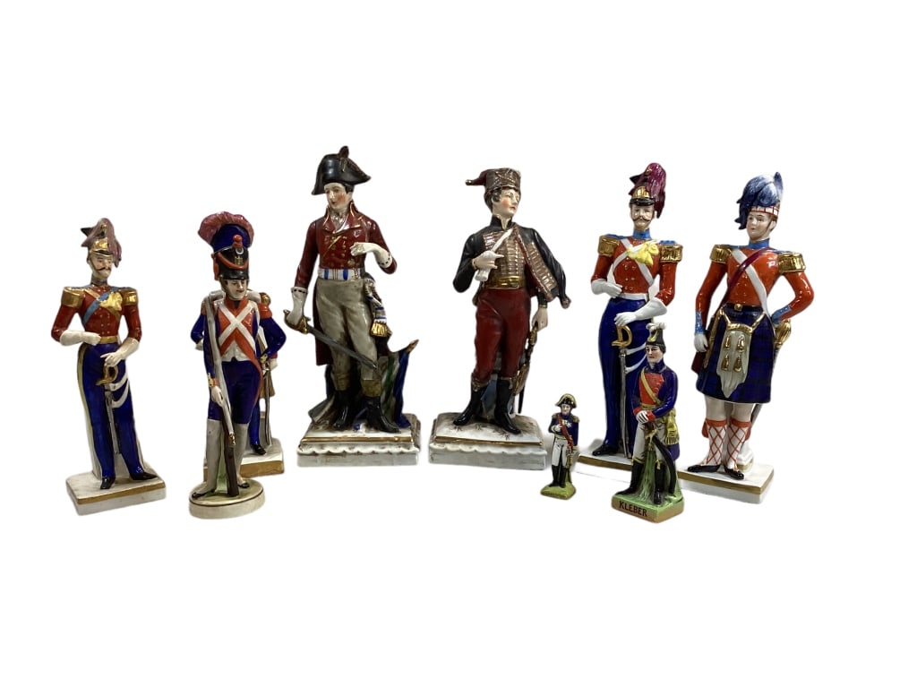 Group of Porcelain Soldier Figures: German and French, 3 to 9 inches tall, some base marks for Capodimonte, red letter Japan Line Item # 45