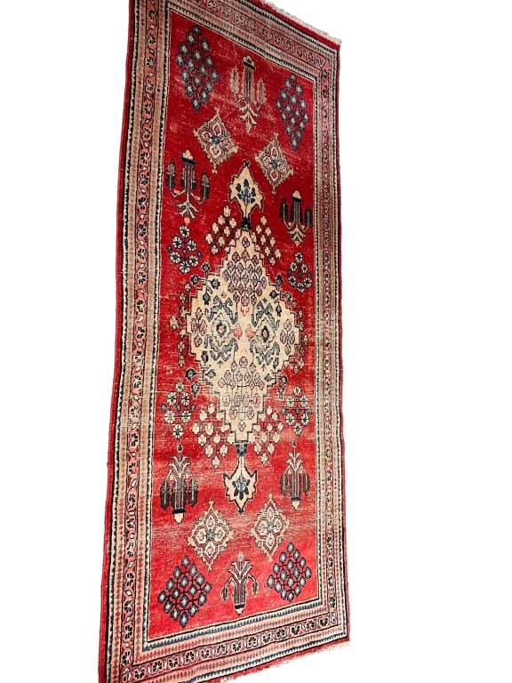 Antique Persian Runner: Red ground, triple border, 119 x 46