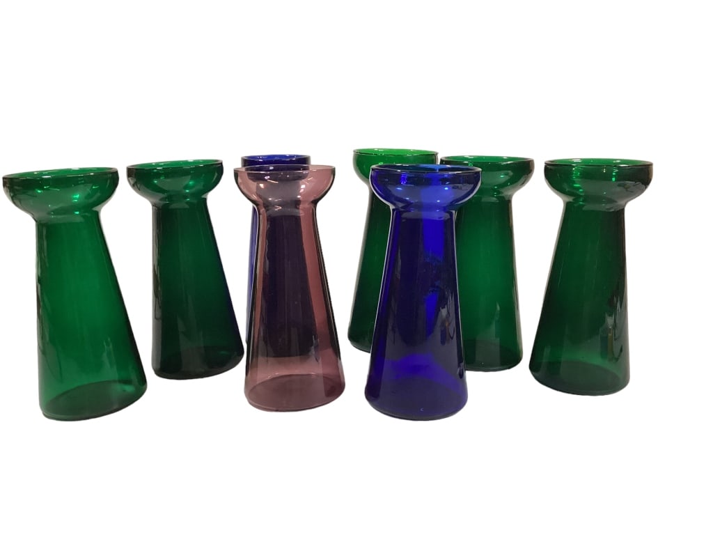 8 Hyacinth Glass Vases: 7 To 7 1/4 Inches Tall, Molded Forms, In Cobalt, Emerald Green And Mulberry