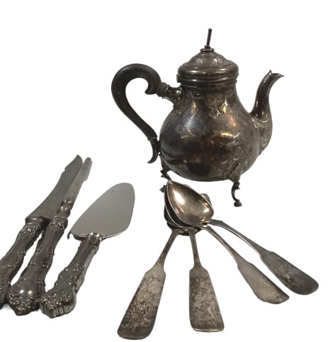 Sterling Tea Pot, Carving Set, Coin Spoons (1 of 5)
