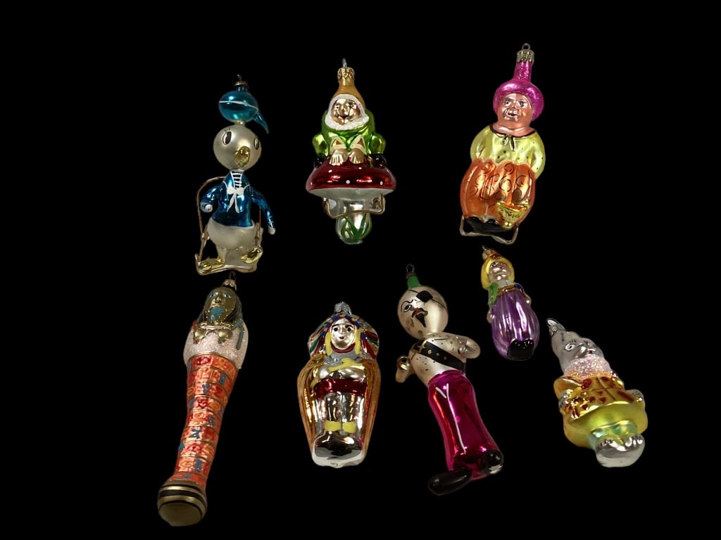 8 Blown Glass Christmas Ornaments: Most are Character ornaments, Queen of Hearts from Alice in Wonderland, Donald Duck, Captain Hook, Genie, Indian,