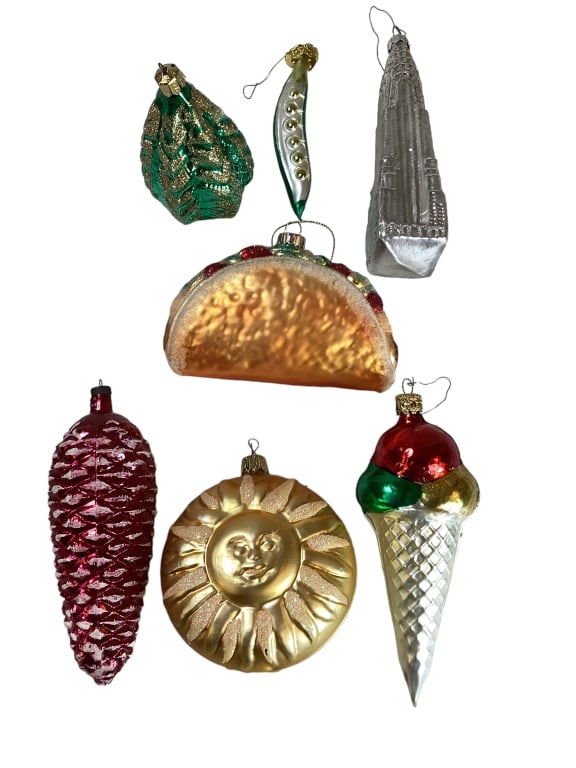 7 Hand Blown Christmas Ornaments: 5 inch Taco, 6 inch ice cream cone,5 inch pine cone in red, 4 inch Sun, 6.5 inch sky scraper, 4 inch pea pod, 4 inch tree