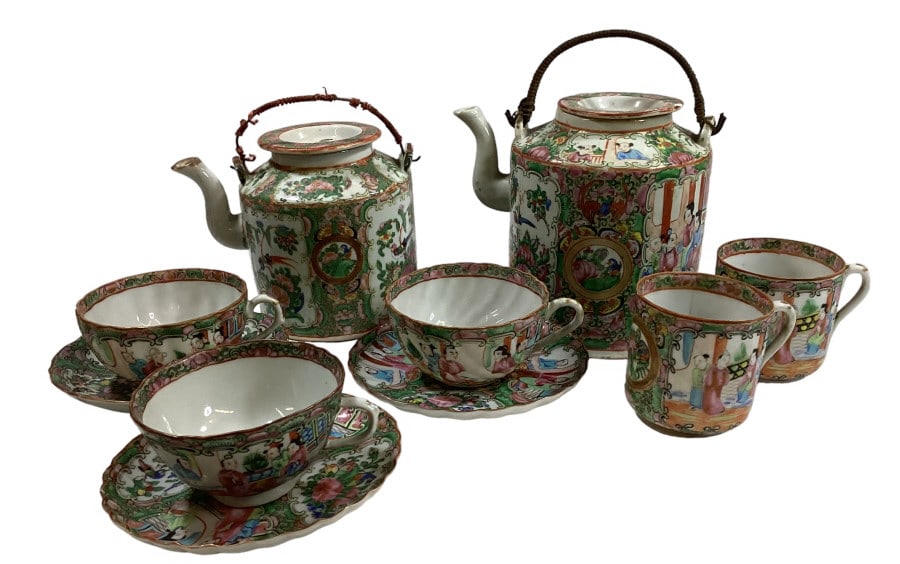 Famille Porcelain: 2 Rose Medallion tea pots, 3 cup and saucers, 2 cups