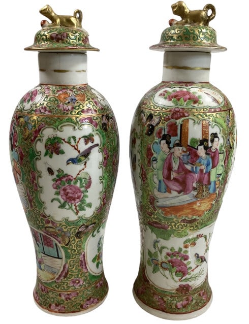 Pair Famille Rose Porcelin Bottle Vases (1 of 5)