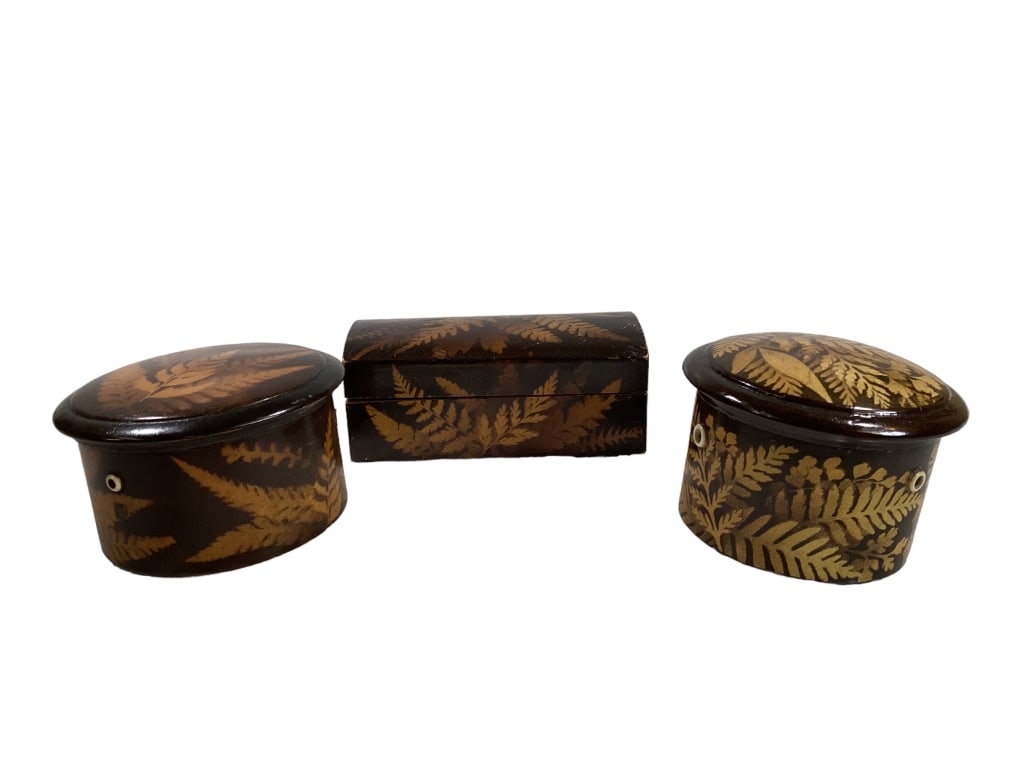 Three Mauchline Fern Ware Table Boxes: 4 X 2 Inch Rectangle Lidded Box, Old Paper Base, 2 X 3 Inch Round Thread Boxes. 1 Box With Spool Posts To Interior, Both Boxes With Bone Portholes Line Item # 153