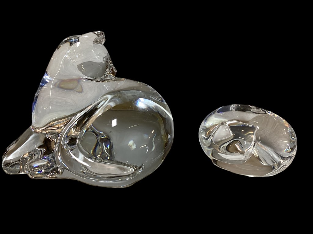 Baccarat and Steuben Cats: Reclining French Baccarat cat , 4 inches with signed acid hallmark. Steuben sleeping kitty, 2 inches. 138