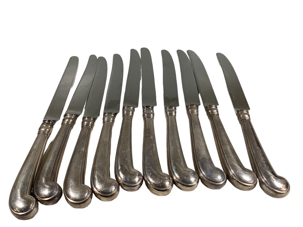 Tiffany and Co. Set of 10: Sterling hollow handle, pistol grip knives with stainless blades, King William pattern, aka Antique by Tiffany and Co. 4.5 inch handles. Line Item # 84