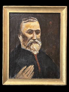 Primitive Portrait of a Stoic Man: Oil on canvas, late 19th century, unsigned but with cipher upper right, sight 17.5 x 13.5 in..craquelure, stretcher marks, paint loss, surface dirt..simple giltwood frame, scratches and