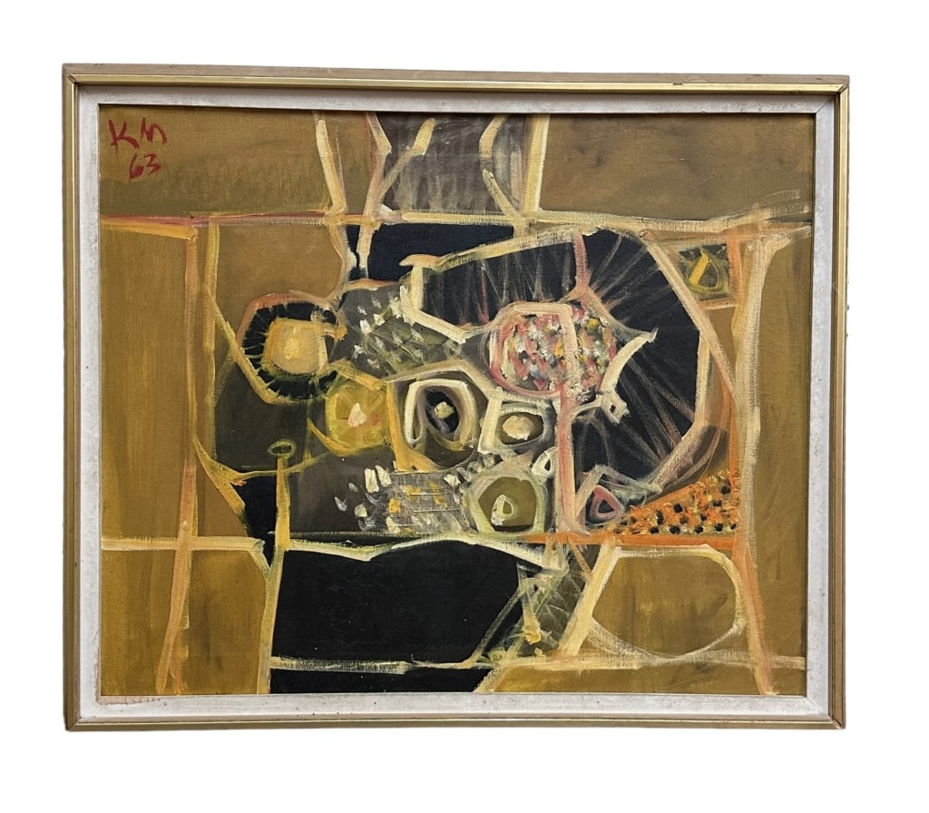 Ochre Still Life, Keith Morrow Martin: American, 1911-1983..oil on canvas, KM 63 upper left, additional info on canvas verso, sight 20 x 24 in..surface dirt, light abrasions, not examined out of frame..white wood liner with loss and staini