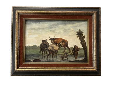 Cows Crossing Stream with Driver, P. Potter: In the manner of Paulus Potter (Dutch, 1625-1654)..oil on panel, signed P. Potter lower right, sight 7.5 x 11 in..surface dirt and abrasions, craquelure, yellowing varnish, scattered paint loss, not e