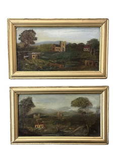 Pair of Antique Primitive Landscape Paintings: Pastoral landscapes with townships, oil on canvas, now mounted in board, unsigned, sight 6.5 x 12 in..paint loss, abrasions, bubbling to canvas, surface dirt..simple gold tone frames, loss to surface.