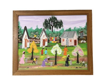 A Lisa Cain Folk Art Painting: Mississippi, 20th century..untitled oil on canvas board, signed lower right, sight 15.5 x 19.5 in..few surface abrasions, overall good condition, modern frame, artist bio and photo of artist with