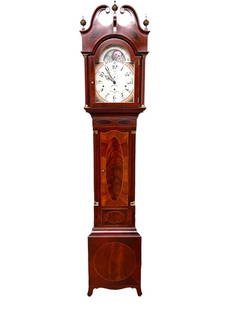 Thomas Harland Sligh inlaid Grandfather Clock: contemporary, model 0856-1-H, with weights and pendulum, key and winder, 30 day movement with sun& moon dial, 84.5 tall x 17 wode x 11.5 deep