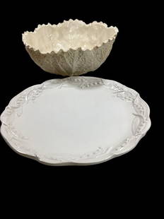 Tiffany Platter, Copeland Bowl: Tiffany and Company 12 inch round platter, made in Italy with floral and vine rim, , 12 inch large White cabbage leaf serving bowl Copeland England