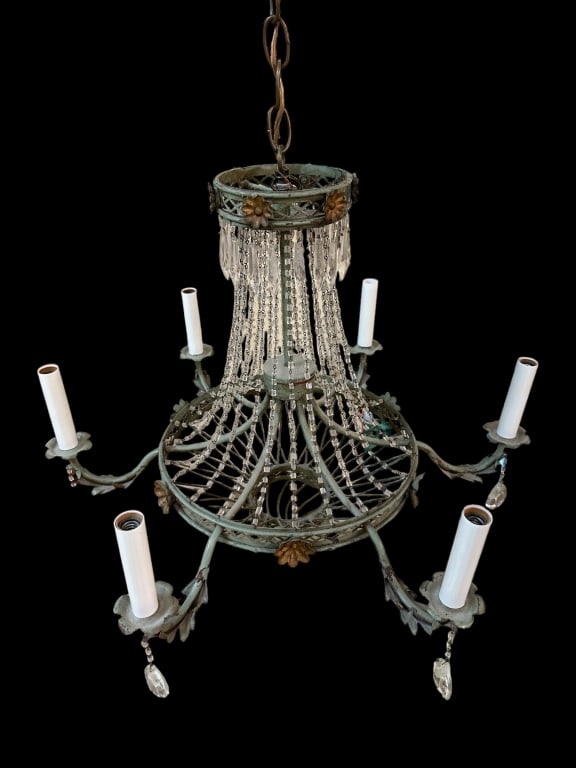 Vintage Italian Basket Form Chandelier: A wonderful tole gold gilt and green patinated chandelier, 6 light, with all prisms..surface dust, some paint loss..23 inch diameter, 21 inches tall, mounting cap