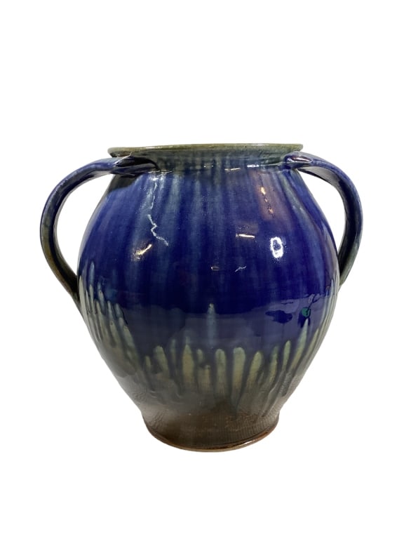 Blaine Avery Seagrove Pottery Vase: Impressive 12 inch jar with split double handles, deep blue glaze runs signed at base Line Item # 12