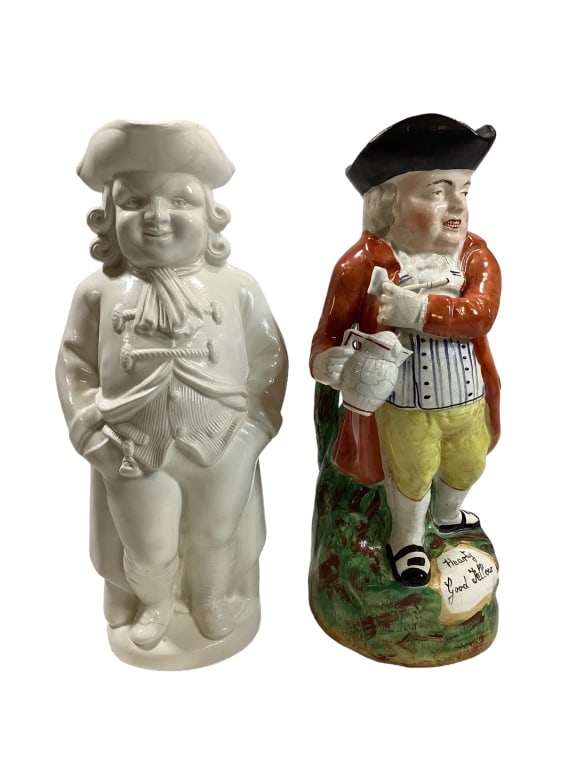 2 Character Toby Jugs: Minton Staffordshire 11 inch white glazed character Toby, early 11 inch Hearty Good Fellow Character Toby glazed body, in Staffordshire style Line Item # 15
