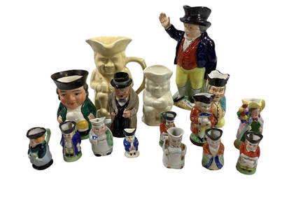 Collection of Toby Character Jugs: 16 pieces including 8 miniature pieces, also made in Japan, England,and a Royal Doulton Winston Churchill, 7.5 inch tall Mr. Picwick