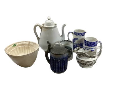 Ironstone and Transferware: 11 inch white ironstone tea pot, 4.5 inch black transfer tankard, with Scenes, Hanley England Blue transfer milk pot, brown transfer gravy boat, Woods Warwvtankard, Metlach cobalt stein, pewter lid, p