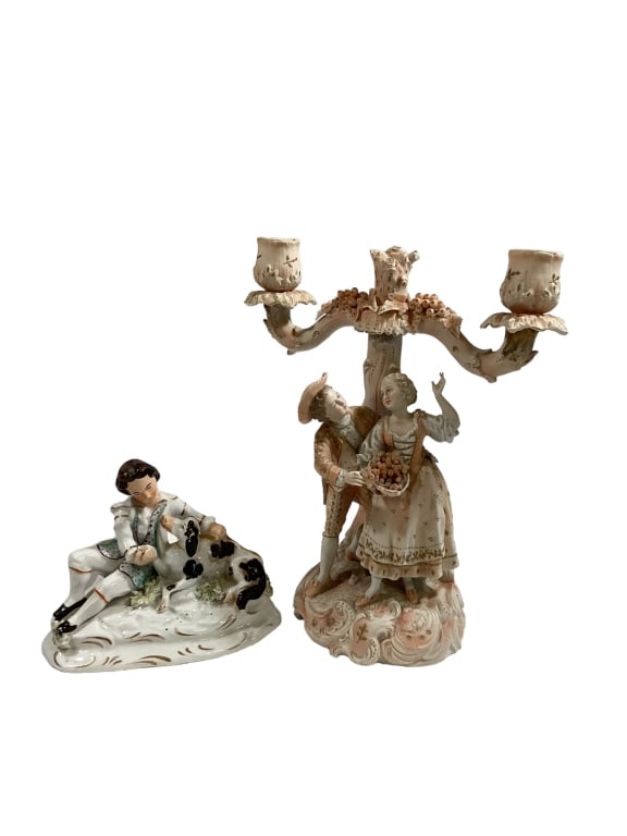 Bisque Candlestick and Staffordshire: 9 inch bisque figural branch candlestick, shades of peach and brown lovers at tree, Staffordshire figural of boy with his dog, 5 x 4.5 inches Line Item # 22