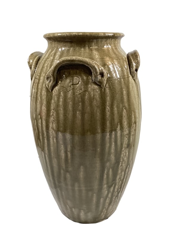 Dedmond Southern Folk Pottery Jar: 18 inch tall, 4 lug handle jar, with nice alkaline glaze runs, stamped with D and Desmond under handle