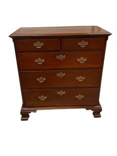 Continental Mahogany Chippendale Chest: Line Item # 9 Lat 19th C, ogee bracket feet, solid ends, dovetailed drawers, 41 tall x 39 wide x 20 wide