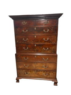 British Mahogany Chippendale Chest on Chest: Line Item # 23 Mid 19th C, dental molding, ogee bracket feet, banded and dovetailed drawers, 69.5 tall x 47 wide x 26 deep