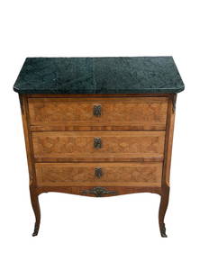 Inlaid Italian 4 Drawer Commode: Early 20th C, Mahogany, marquetry drawer fronts and ends, brass accents, dovetailed drawers, marble top, 30 tall x 26 wide x 14 deep