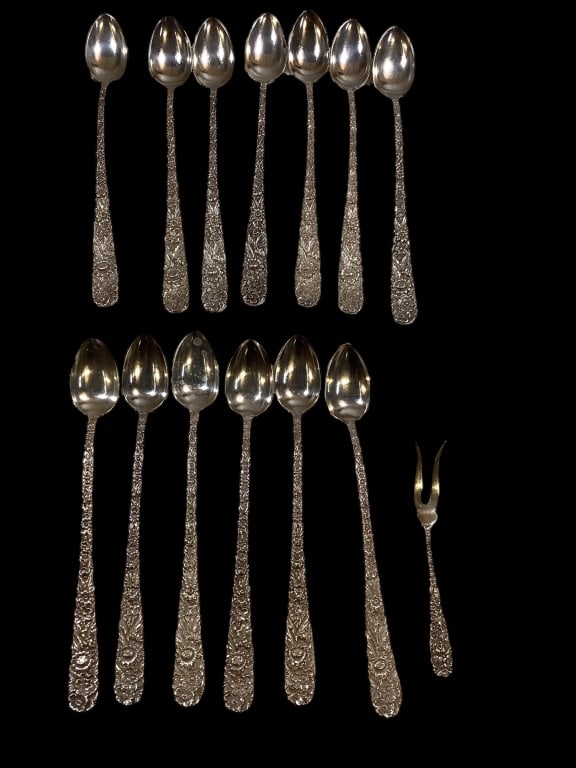 14 Pieces Kirk and Son Repousse: 1 olive fork at 4.5 inches, and 13 ice tea spoons at 7.5 inches. ( 17.48/total oz)