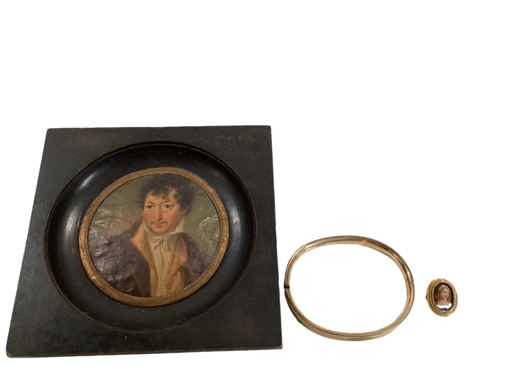Small Gold Bangle, Miniature Portrait, Small Cameo: Thin gold tone bangle bracelet, hand painted cameo portrait pin, Portrait of young gentleman
