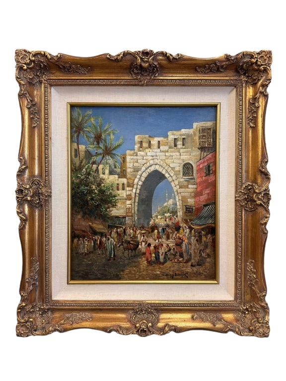 The Gate to Sophia, Daniel Ferenc Nagy: Hungarian, 1888-1964..oil on linen over board, signed lower right, sight 15 x 12 in..light abrasions, surface dirt and dust, repaint to arch interior, not examined out of frame..linen liner with foxin