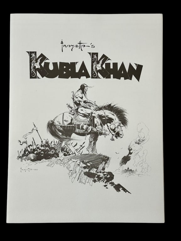 Limited Edition Kubla Khan Folio, Frank Frazetta: 1977, five sepia plates, with illustrated folder and envelope, pencil signed and numbered 1255/1500, each sheet 11x 15 inches..plates and folder in good condition *plate 3 with light staining*, wear t