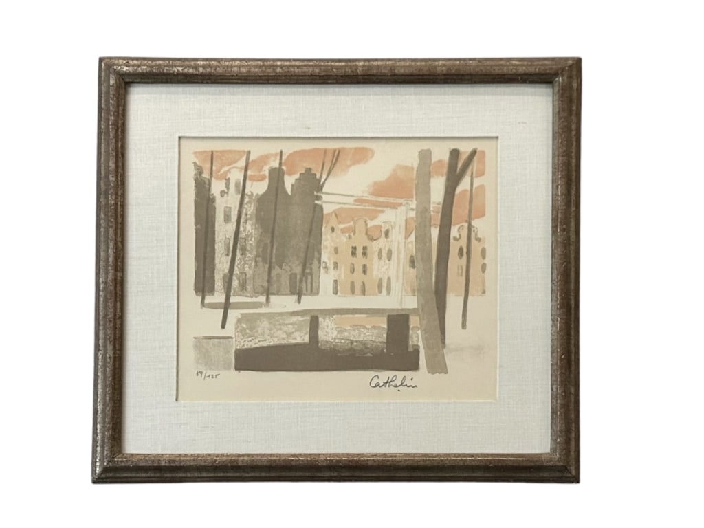Limited Edition Bernard Cathelin Lithograph: French, 1919-2004..Bruges cityscape, lithograph on paper, pencil signed and numbered 89/125, sight 10 x 15 inches..toning to paper otherwise good condition, not examined out of frame..linen mat, glaze