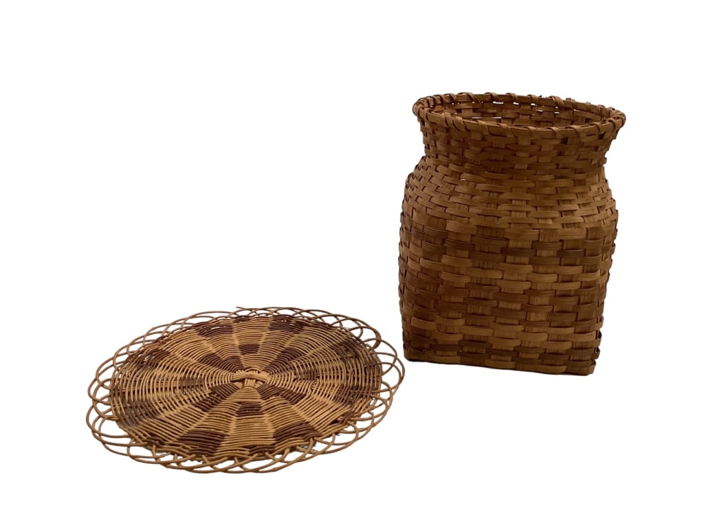 Cherokee Indian Basket, Table Matte: Smaller size Square to round, split oak woven basket, 5 x 7 inches, Katy Kalonahusky, and a 8 inch diameter honeysuckle vine table matte or trivet