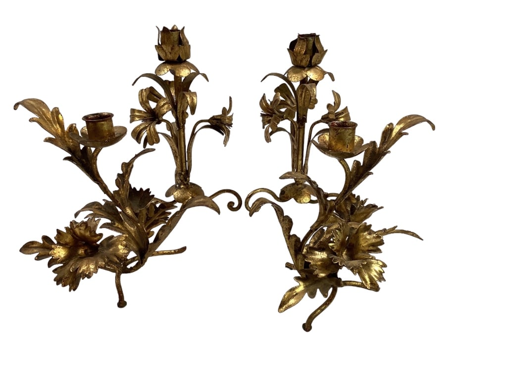 Two Pair Florentine Gilt Candlesticks: Floral stem pair with lily stems, 9.5 inches, tripod rolled foot, 8 inch pair with curving foliate leaves, slanted taper old world gilt patina Line Item # 9