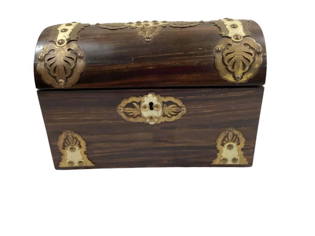 Rosewood Dome Top Tea Caddy: Antique tea caddy, 10 x 7.5 x 5 inches, 2 compartment fitted interior with cut lids, bone inlay over brasses, key escutcheon * veneer damage to interior lid on one side, missing bone button