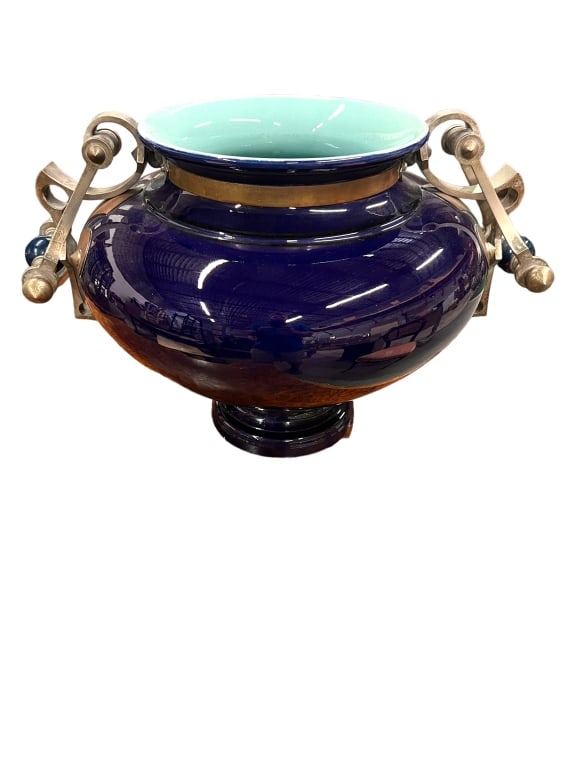 Cobalt Majolica French Sarreguemines Urn: Heavy bronze handles and mounts, Line Item # 02-146