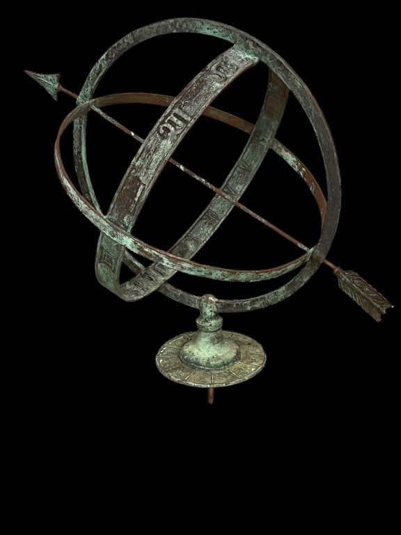 Vintage Copper Armillary: Mid 20th C, classic form, oxidized, 32 tall x 35 wide x 23 deep