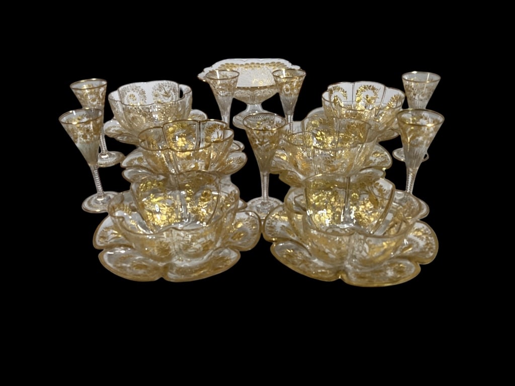 Monogram Tazza And Table Set: Beautiful scalloped and gilded decoration on Tazza and matched set of six finger bowls, under trays and set of seven cordial stems Line Item # 02-0093