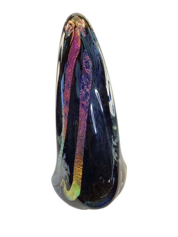 Rollin Karg Art Glass Sculpture: Dichroic Art glass sculpture, molten glass free form, with waterfall runs in dynamic colors, 13.5 inches tall, signed by artist and dated 1995. Line Item # 12