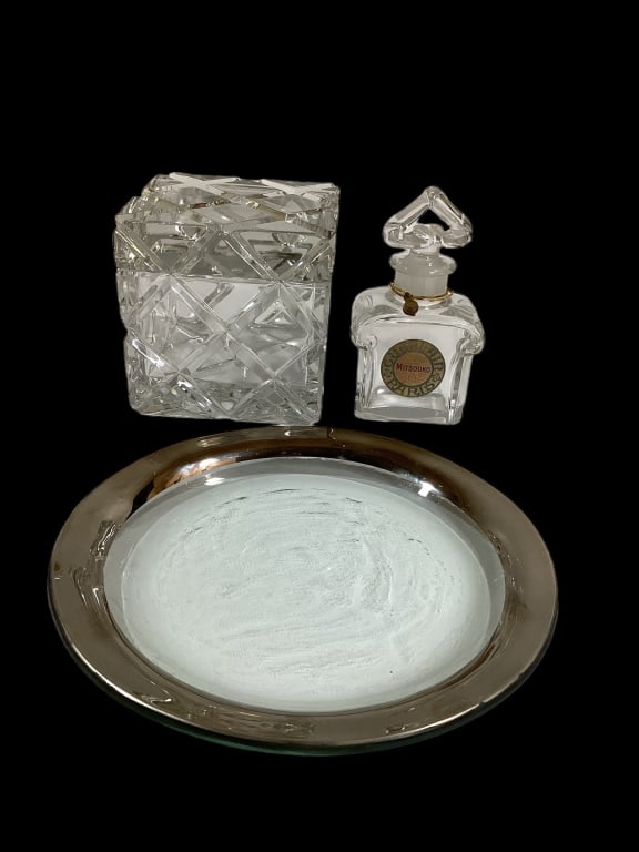 Waterford, Baccarat, Art Glass: Waterford 4 x 4 inch cubed crystal box, Baccarat Parfumerie bottle by Guerlain, 7 inch Art glass plate, silver rimmed, signed Annie Glass
